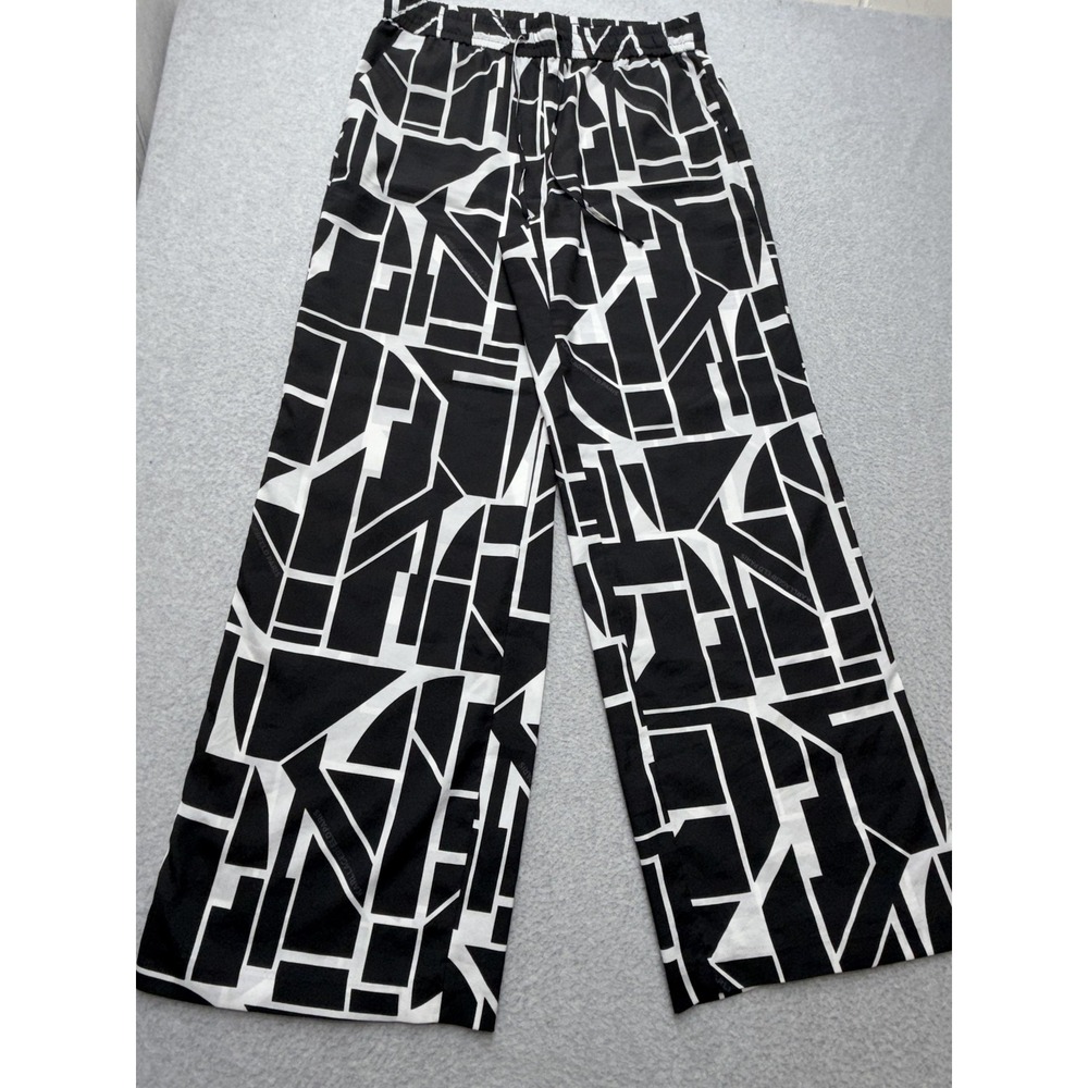 Karl Lagerfeld Paris Pants Womens M Black Geometric Satin Wide Leg Pull On Logo - Picture 2 of 15